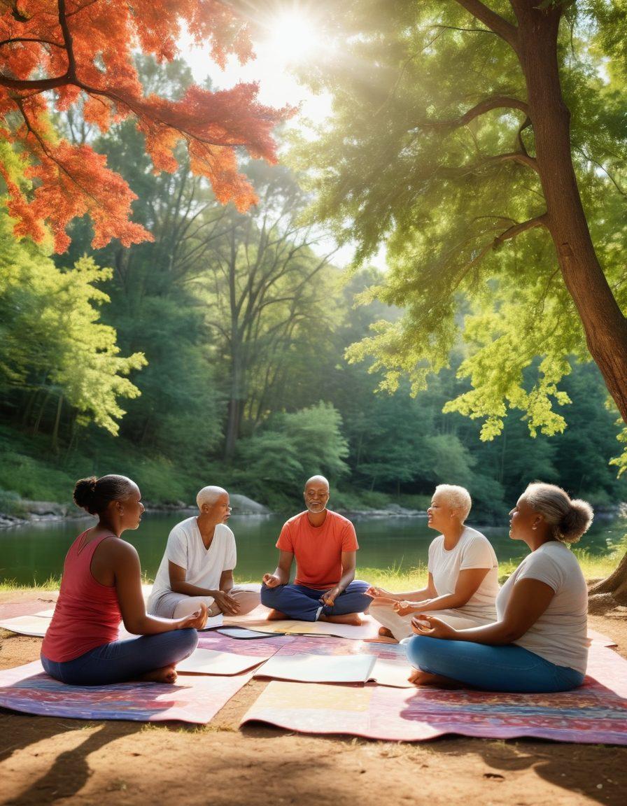 A serene and uplifting scene depicting a diverse group of cancer patients engaging in a supportive group therapy session outdoors, surrounded by nature, sunlight filtering through trees. Include elements of wellness like meditation mats, healthy meals on a picnic table, and positive affirmations written on colorful papers fluttering in the breeze. The atmosphere should convey hope, togetherness, and empowerment. vibrant colors. super-realistic. natural setting.