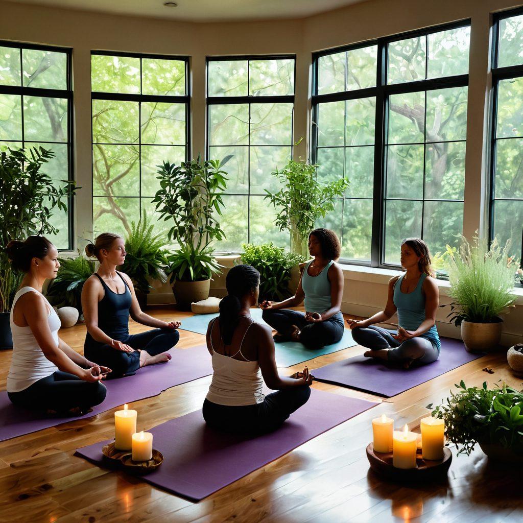A serene, uplifting scene depicting a diverse group of people engaging in holistic healing practices, surrounded by healing herbs and natural light. Include elements like yoga mats, meditation cushions, and soft candles, symbolizing support and empowerment against malignancy. The background should show a tranquil nature scene, suggesting peace and hope. super-realistic. vibrant colors.