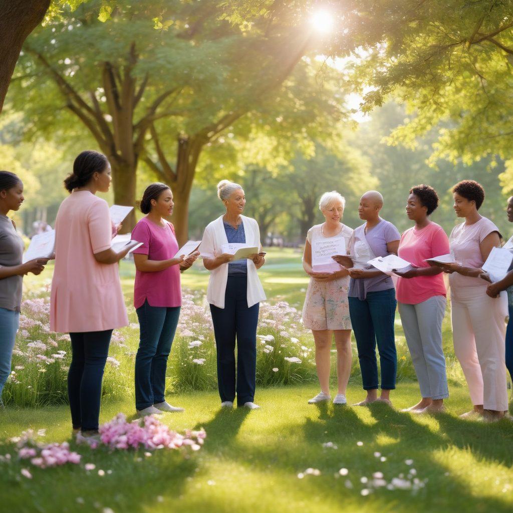 A serene scene depicting a group of diverse individuals gathered in a sunlit park, engaging in conversations about cancer care. One person holds a sign that reads 'Advocacy', another has a clipboard labeled 'Financial Assistance', and a third is practicing mindfulness. Surround them with symbolic elements like ribbons for cancer awareness and flowers representing wellness. The atmosphere is warm and supportive, evoking hope and community. super-realistic. vibrant colors. soft focus.